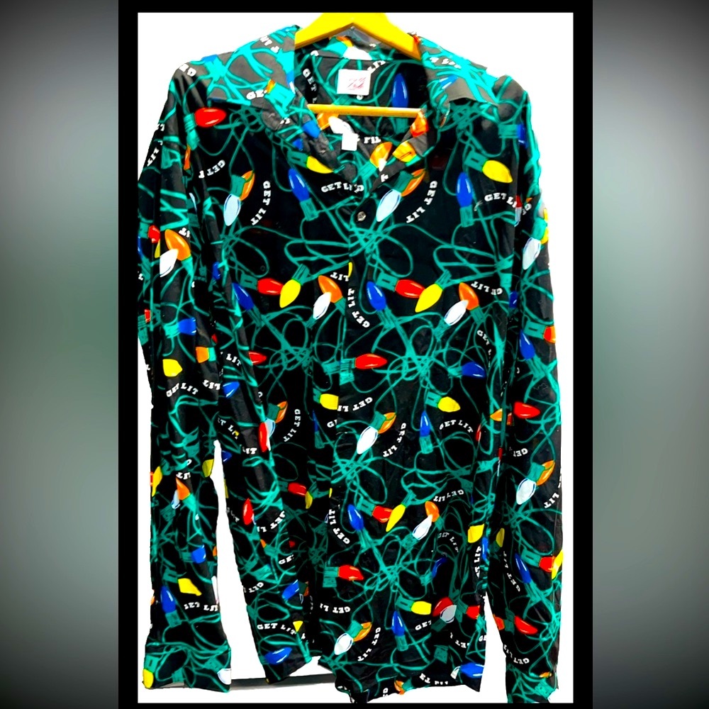 Christmas lights funny button up SHIRT “get Lit”COLORFUL 2XL mens top 2xl tall